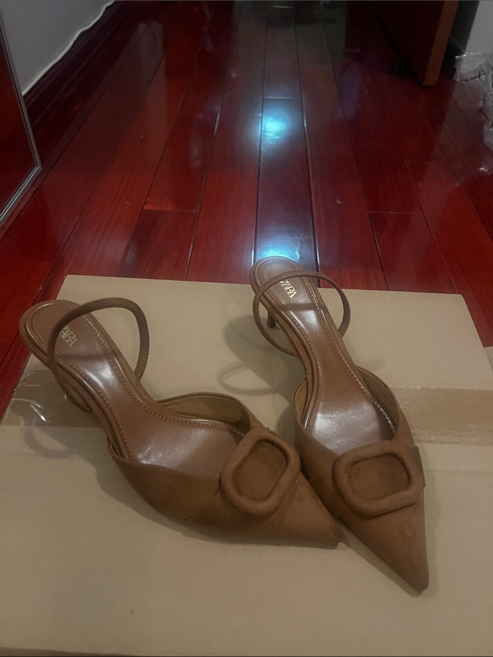 Zara Suedette Pointed-Toe Slingback Heels with Decorative Buckle